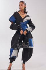 COMFY COZY SWEATSHIRT JUMPSUIT IN PATCHWORK DENIM IN BLACK