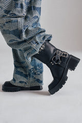 AZALEA WANG BUCKED BLACK CHUNKY HEEL COMBAT BOOTIE