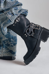 AZALEA WANG BUCKED BLACK CHUNKY HEEL COMBAT BOOTIE