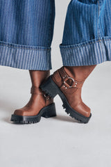 AZALEA WANG BUCKED BROWN CHUNKY HEEL COMBAT BOOTIE