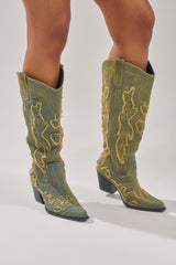 AZALEA WANG HEINRICH DENIM WESTERN LOW HEEL BOOT