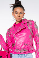 AZALEA WANG ALL PINK SOFI STUDDED MOTO JACKET