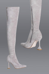 AZALEA WANG ELEVATE THIGH HIGH STRETCH SUEDE BOOT IN GREY