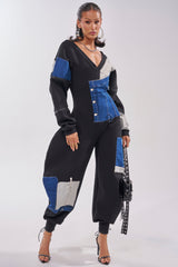 COMFY COZY SWEATSHIRT JUMPSUIT IN PATCHWORK DENIM IN BLACK