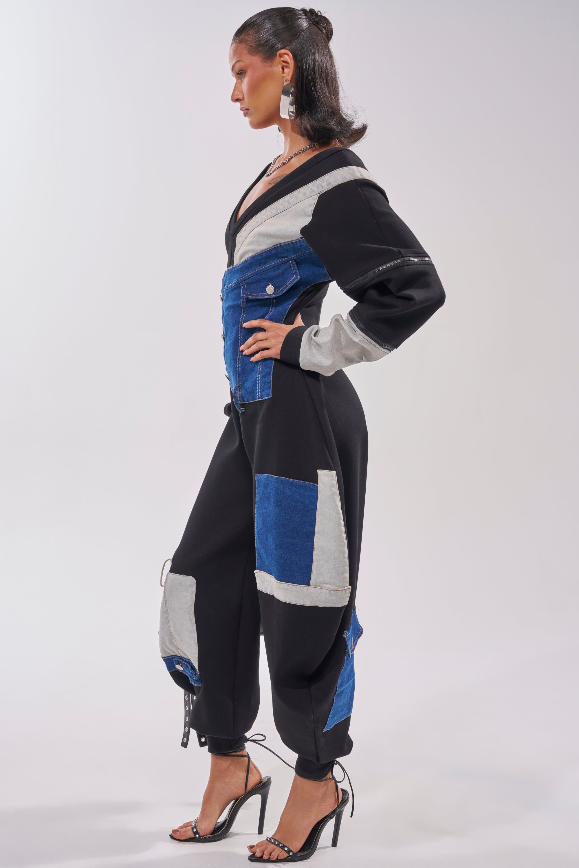 COMFY COZY SWEATSHIRT JUMPSUIT IN PATCHWORK DENIM IN BLACK