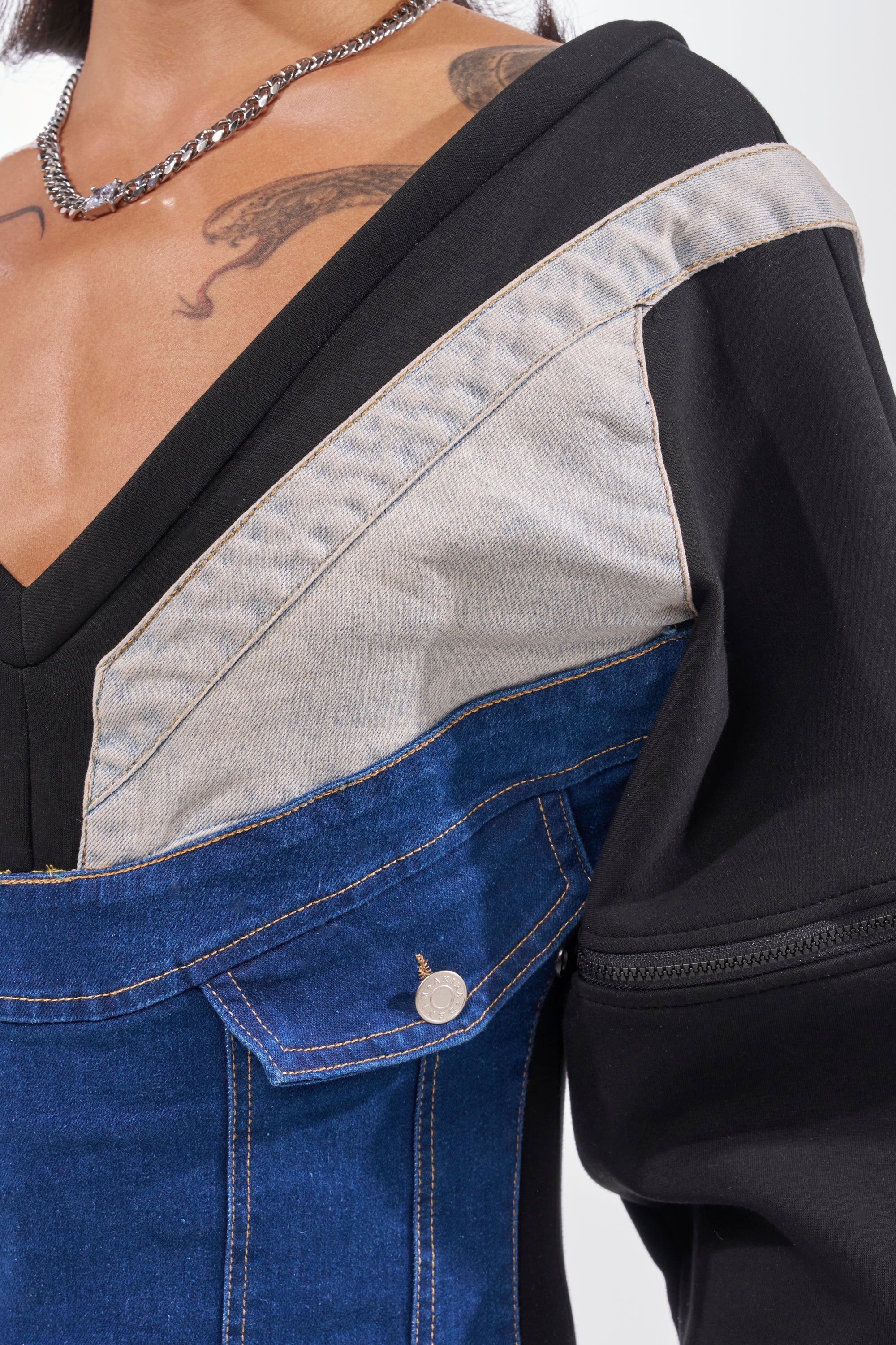 COMFY COZY SWEATSHIRT JUMPSUIT IN PATCHWORK DENIM IN BLACK
