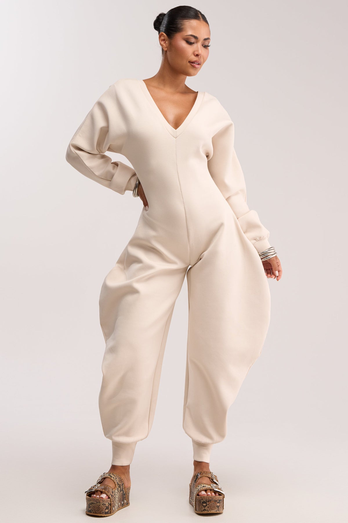 COMFY COZY SWEATSHIRT JUMPSUIT IN IVORY