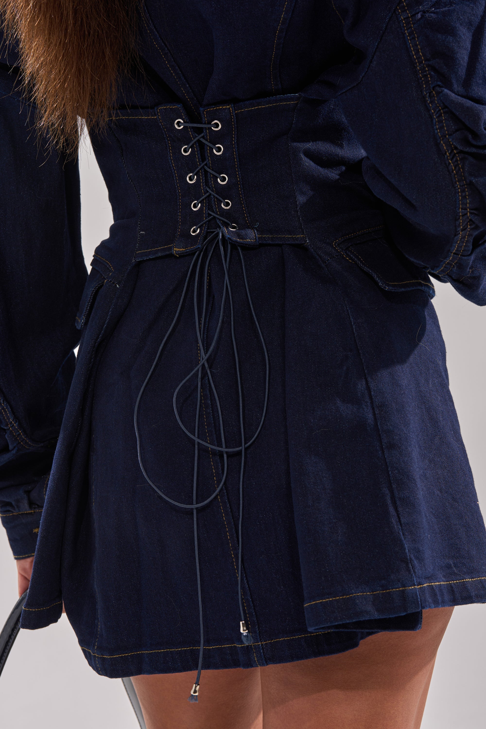 BUSINESS MEETING CHIC BLAZER DRESS AND LEG WARMER SET IN DENIM