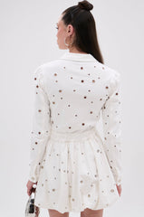 CUT IT OUT DENIM MINI DRESS WITH GROMMETS