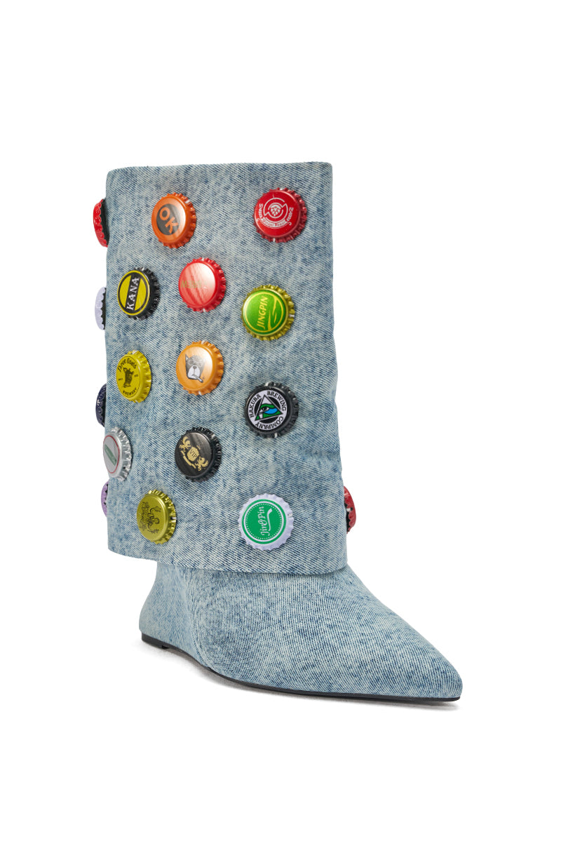 AZALEA WANG EAVEN WEDGE EMBELLISHED DENIM BOOTIE