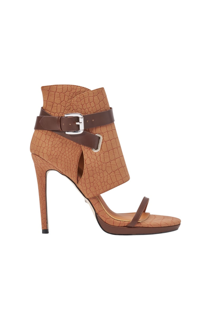 AZALEA WANG ELMER BROWN FAUX SUEDE CROC PRINTED STILETTO SANDAL
