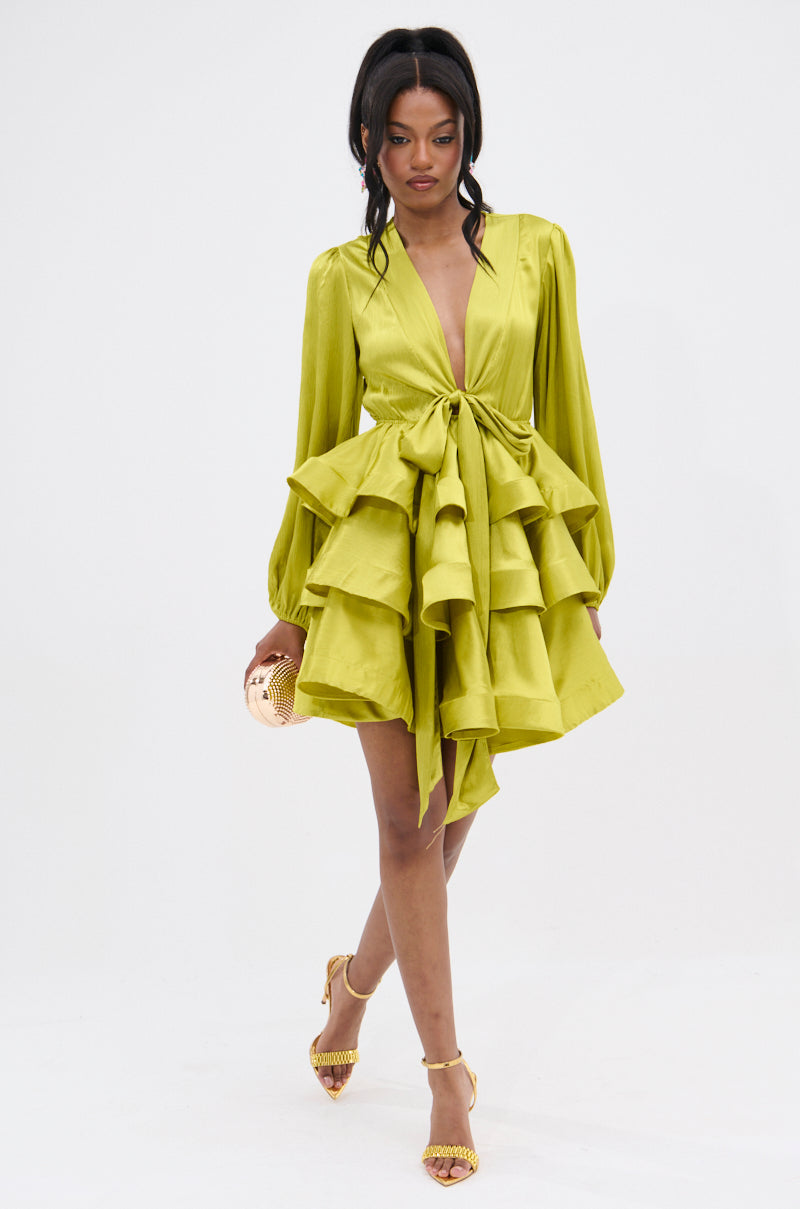 ARIANA SATIN RUFFLED MINI DRESS IN GREEN