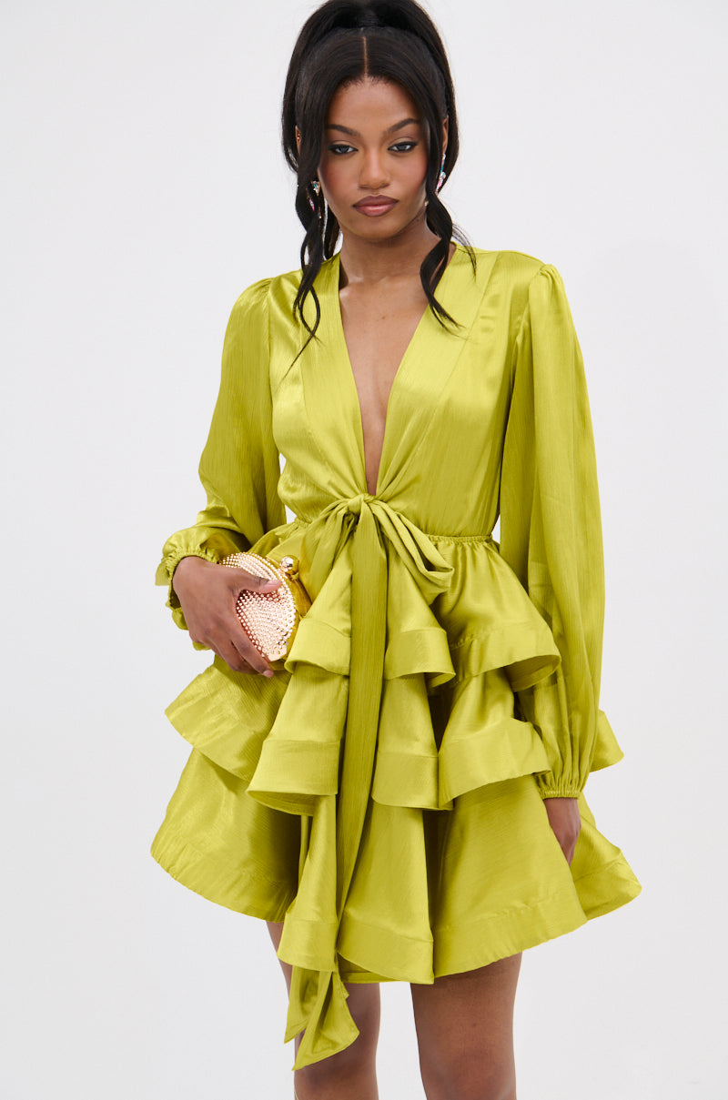 ARIANA SATIN RUFFLED MINI DRESS IN GREEN