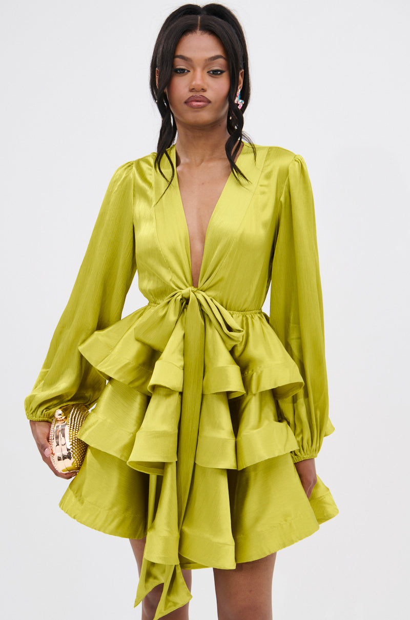 ARIANA SATIN RUFFLED MINI DRESS IN GREEN