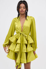 ARIANA SATIN RUFFLED MINI DRESS IN GREEN