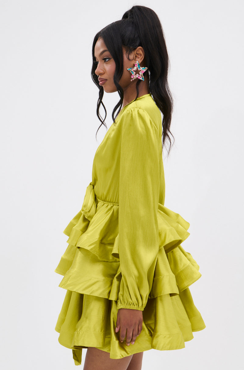ARIANA SATIN RUFFLED MINI DRESS IN GREEN