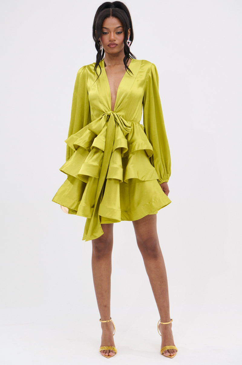 ARIANA SATIN RUFFLED MINI DRESS IN GREEN