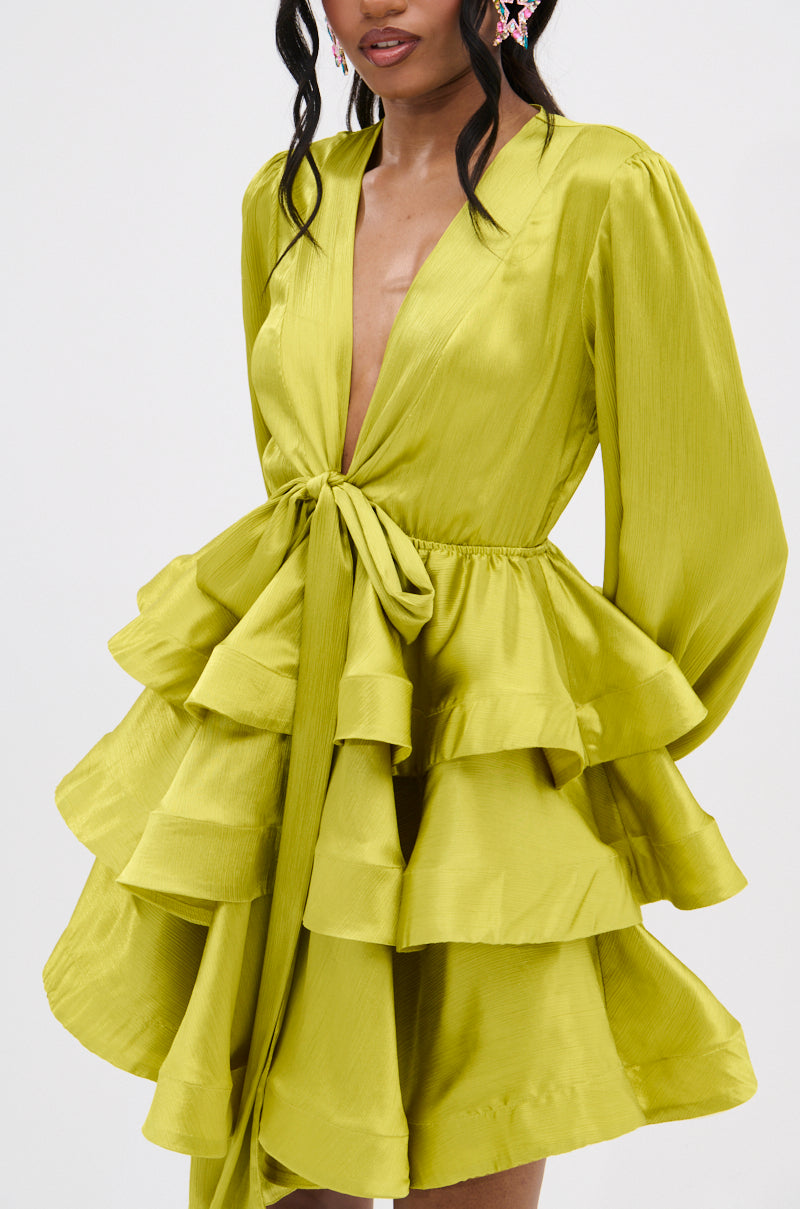 ARIANA SATIN RUFFLED MINI DRESS IN GREEN