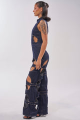 BRING THE ENERGY CUT OUT DENIM JUMPSUIT