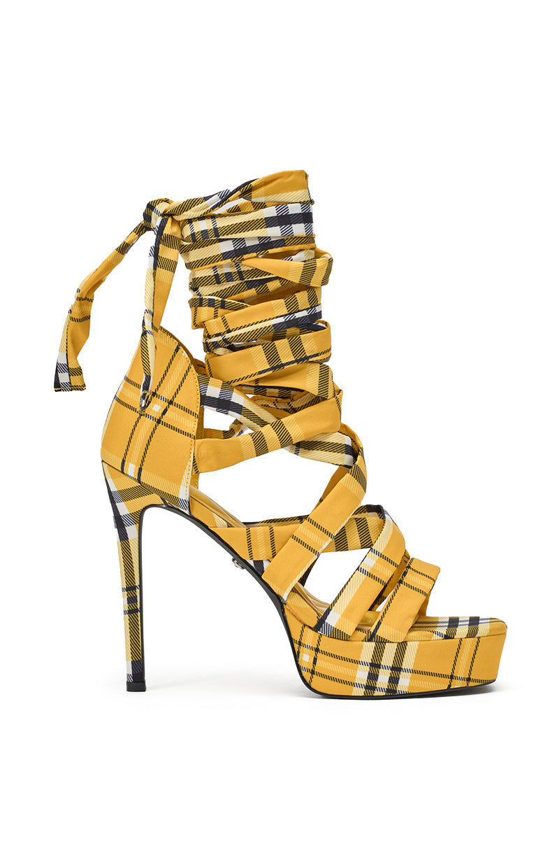 AZALEA WANG JEMISHA YELLOW PLAID PLATFORM LACE UP SANDAL