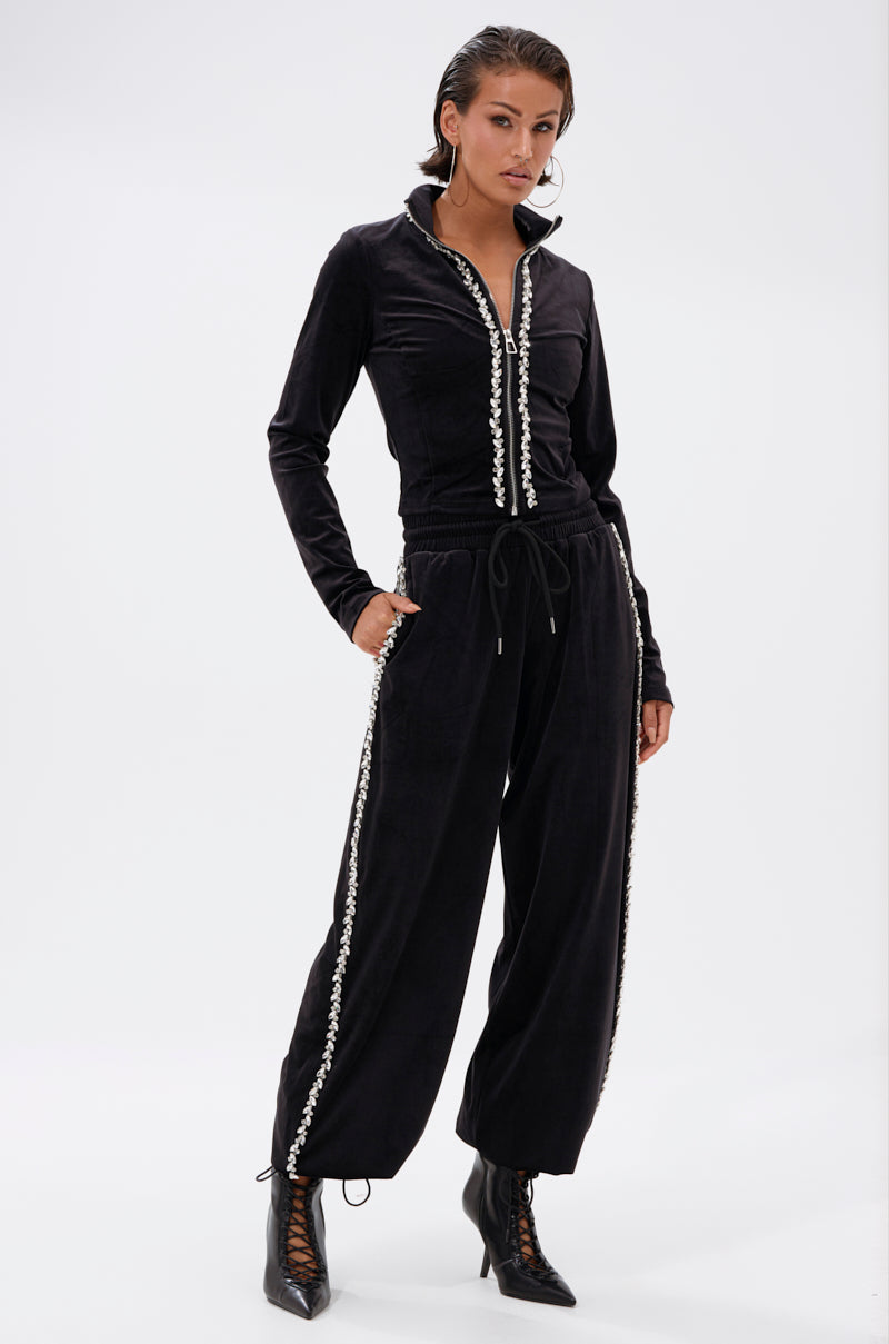 DARA RHINESTONE MOCK NECK ZIP-UP SWEATSHIRT