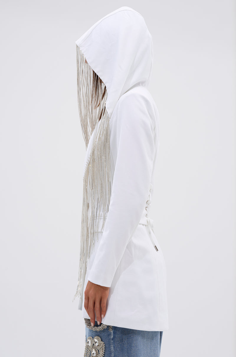 DRIPPY RHINESTONE FRINGE BLAZER IN WHITE