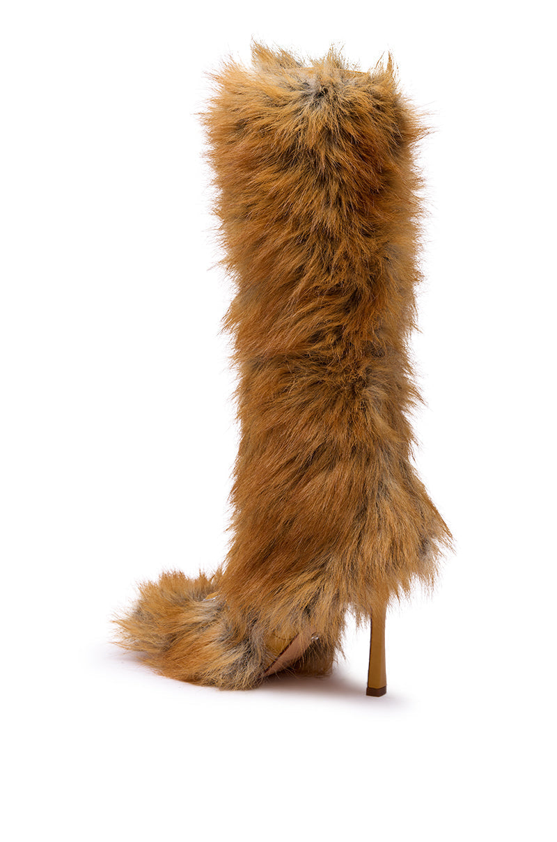 AZALEA WANG LOURDANNE TAN FUR LACE UP STILETTO BOOT