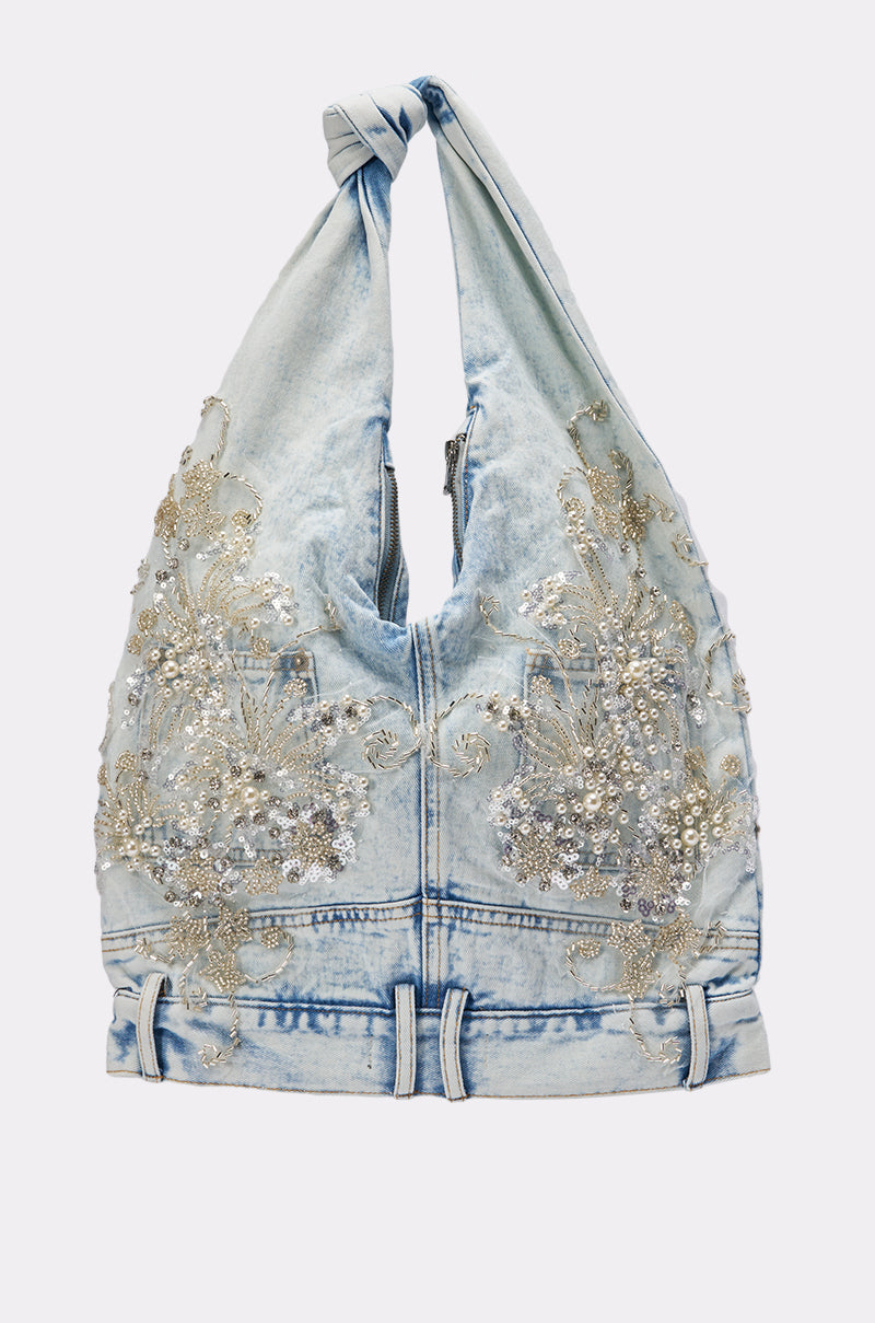 BLESSING IN DENIM EMBELLISHED SHOULDER BAG