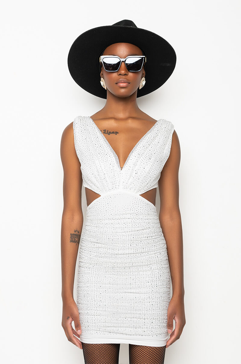 ALWAYS A SLAY THIS WAY LOW V NECK MINI DRESS
