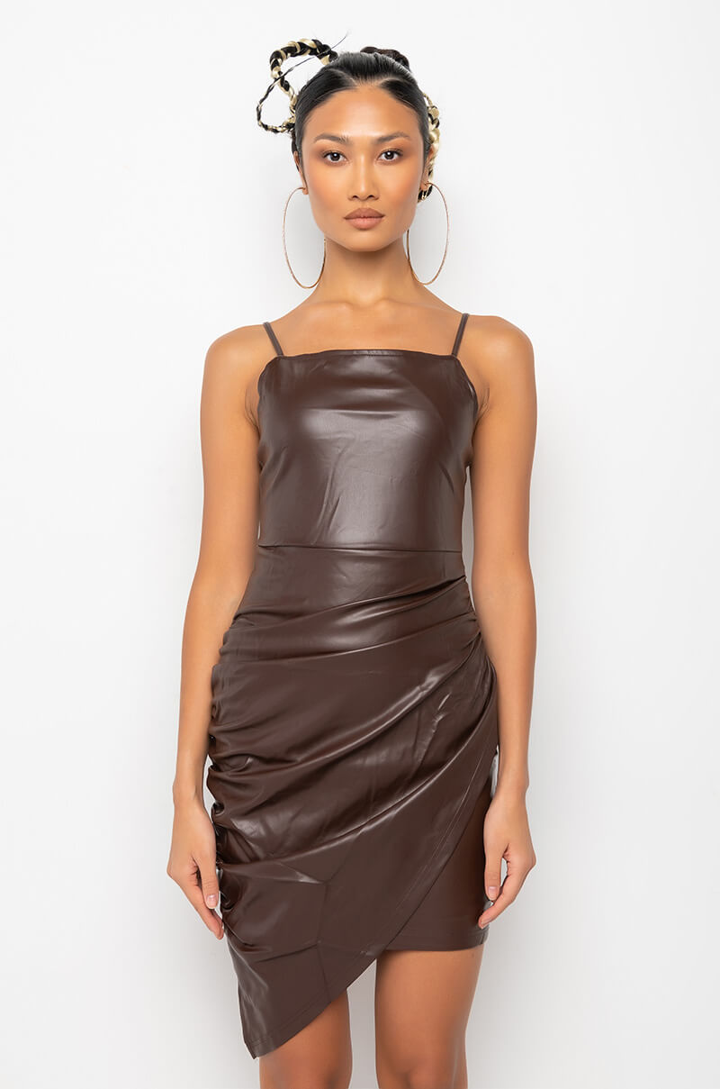 ANTHEM FAUX LEATHER MINI DRESS CHOCOLATE