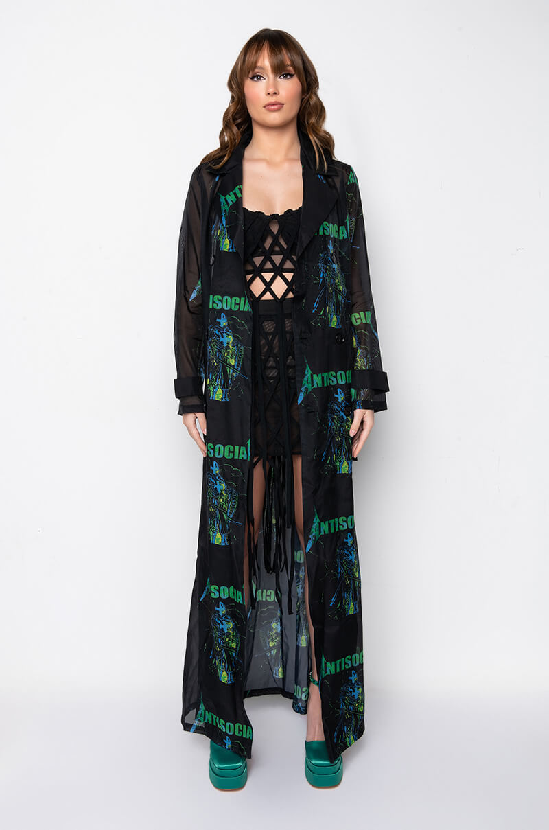 ANTISOCIAL SHEER LONG PRINTED TRENCH