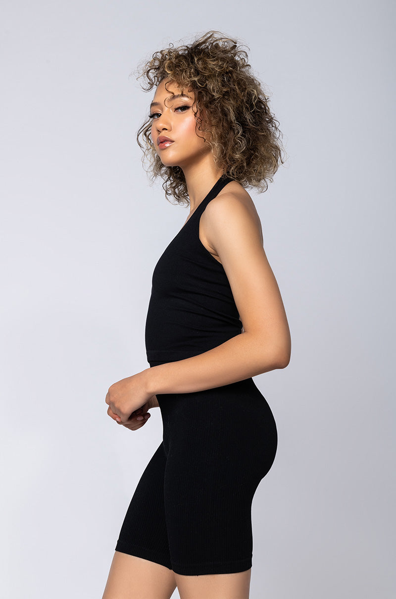 AROUND THE WAY RIBBED HALTER TOP BLACK