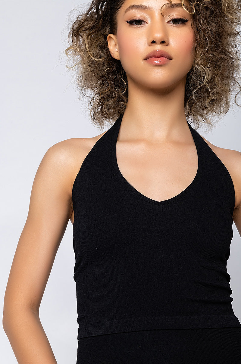 AROUND THE WAY RIBBED HALTER TOP BLACK