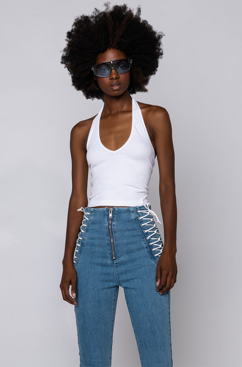 AROUND THE WAY RIBBED HALTER TOP WHITE