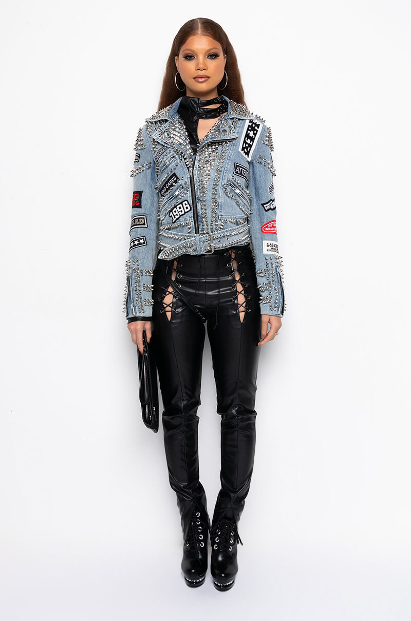 AZALEA WANG ACDC STUDDED PATCHWORK DENIM MOTO JACKET