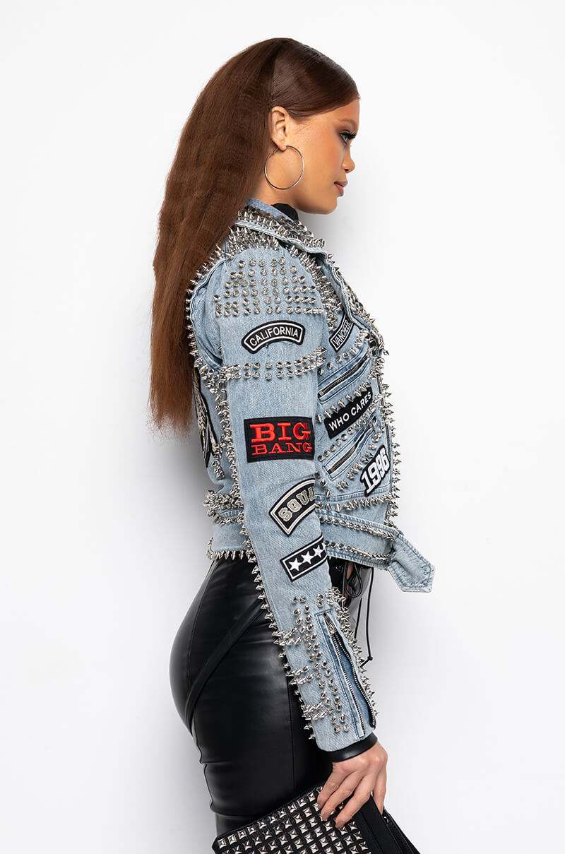 AZALEA WANG ACDC STUDDED PATCHWORK DENIM MOTO JACKET