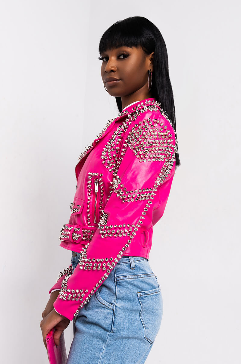 AZALEA WANG ALL PINK SOFI STUDDED MOTO JACKET
