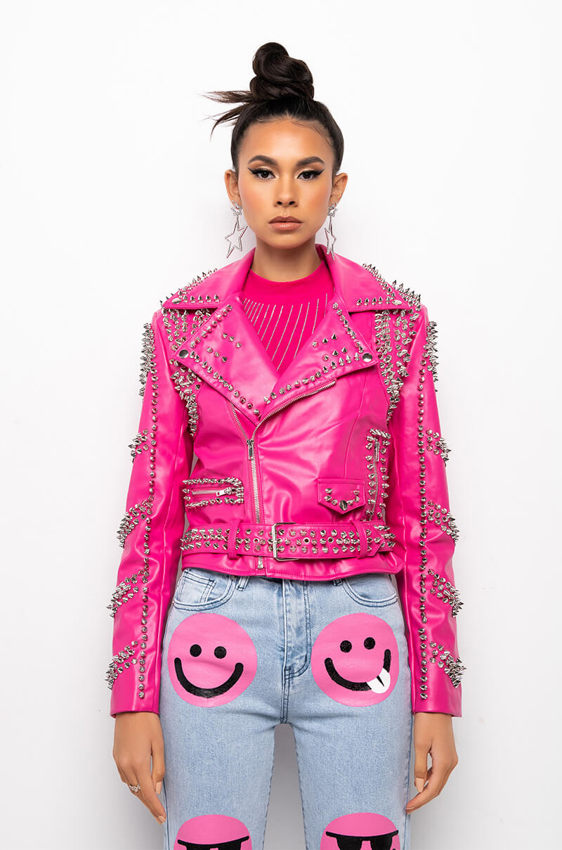 AZALEA WANG ALL PINK SOFI STUDDED MOTO JACKET