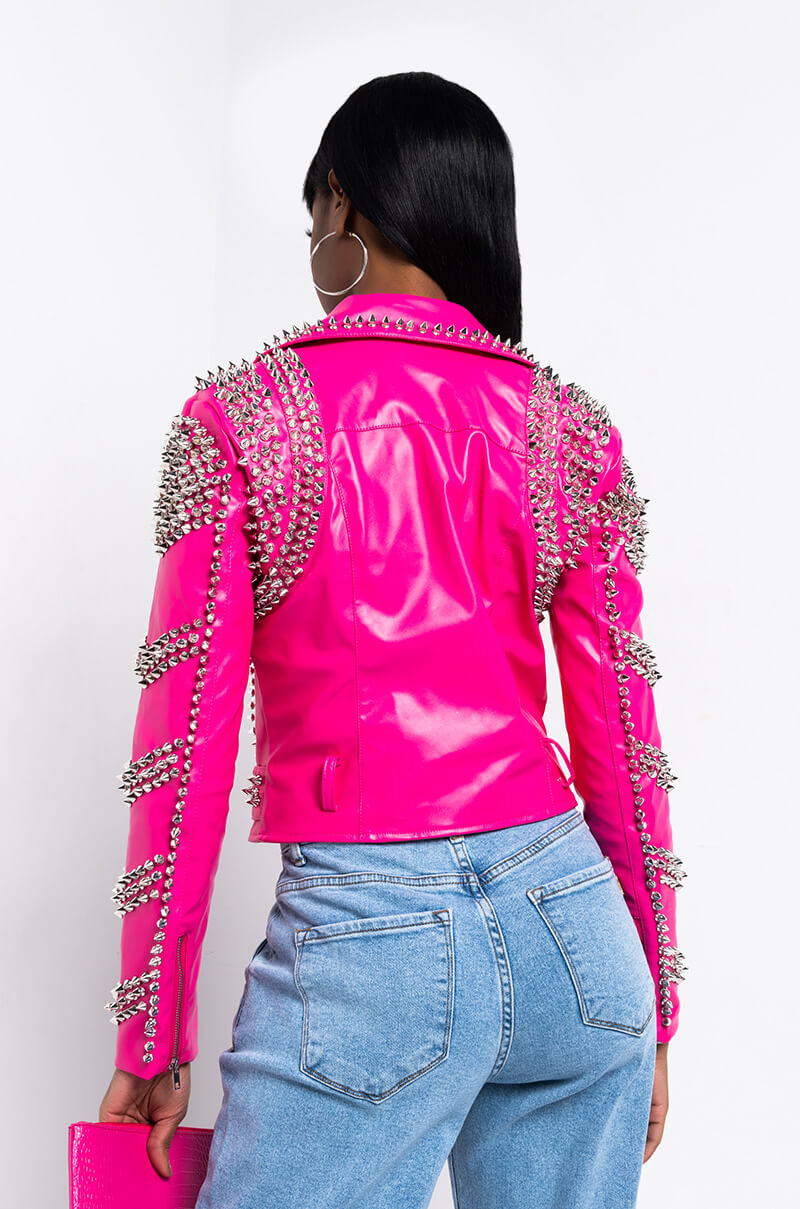 AZALEA WANG ALL PINK SOFI STUDDED MOTO JACKET