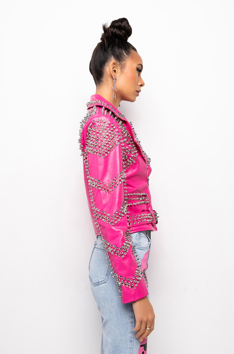 AZALEA WANG ALL PINK SOFI STUDDED MOTO JACKET