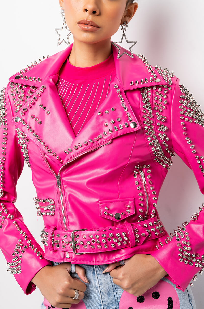 AZALEA WANG ALL PINK SOFI STUDDED MOTO JACKET