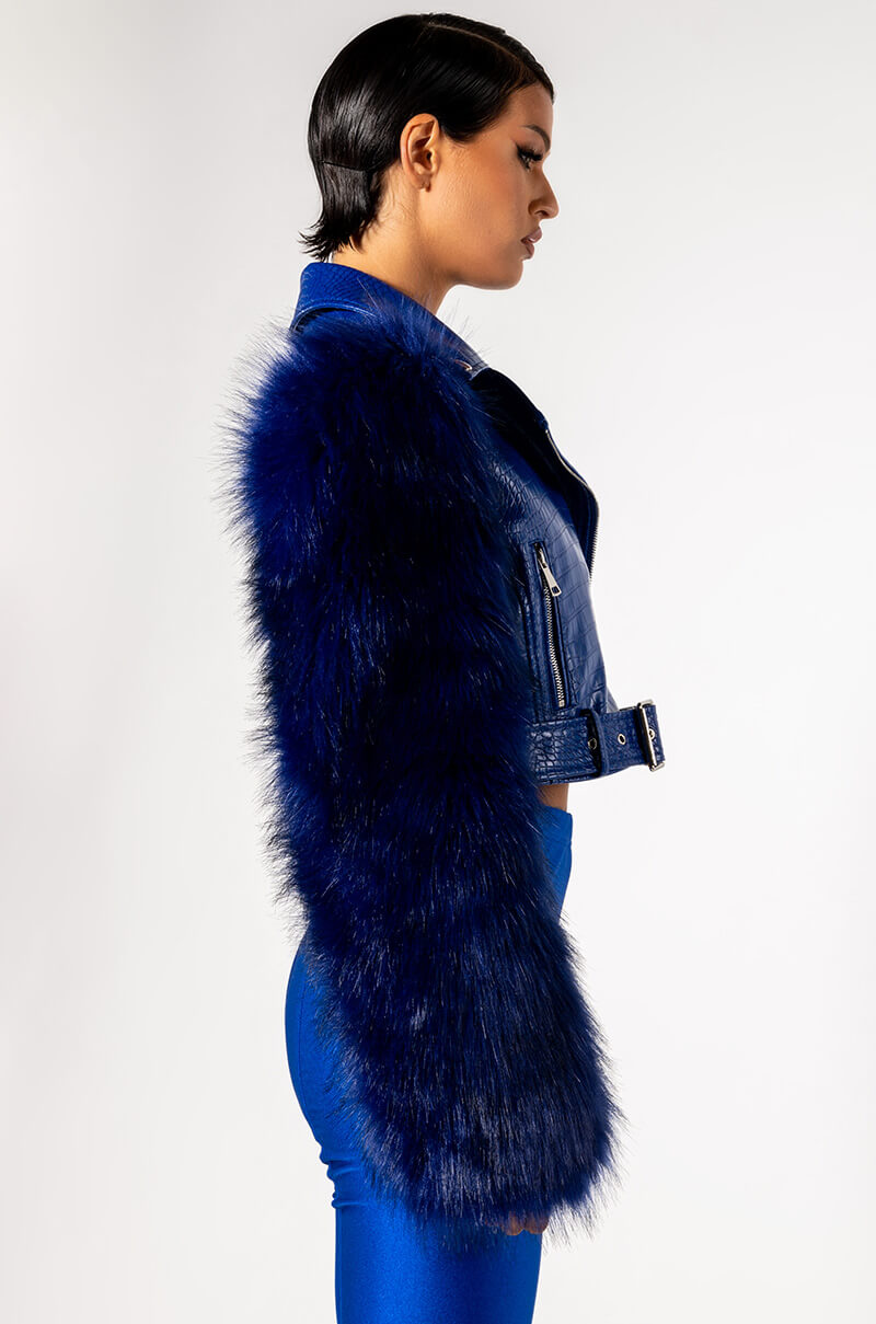 AZALEA WANG BLUE NOLLA FAUX FUR ARMS CROC MOTO JACKET