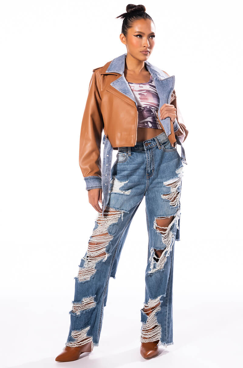 DOUBLE TROUBLE DENIM MOTO JACKET