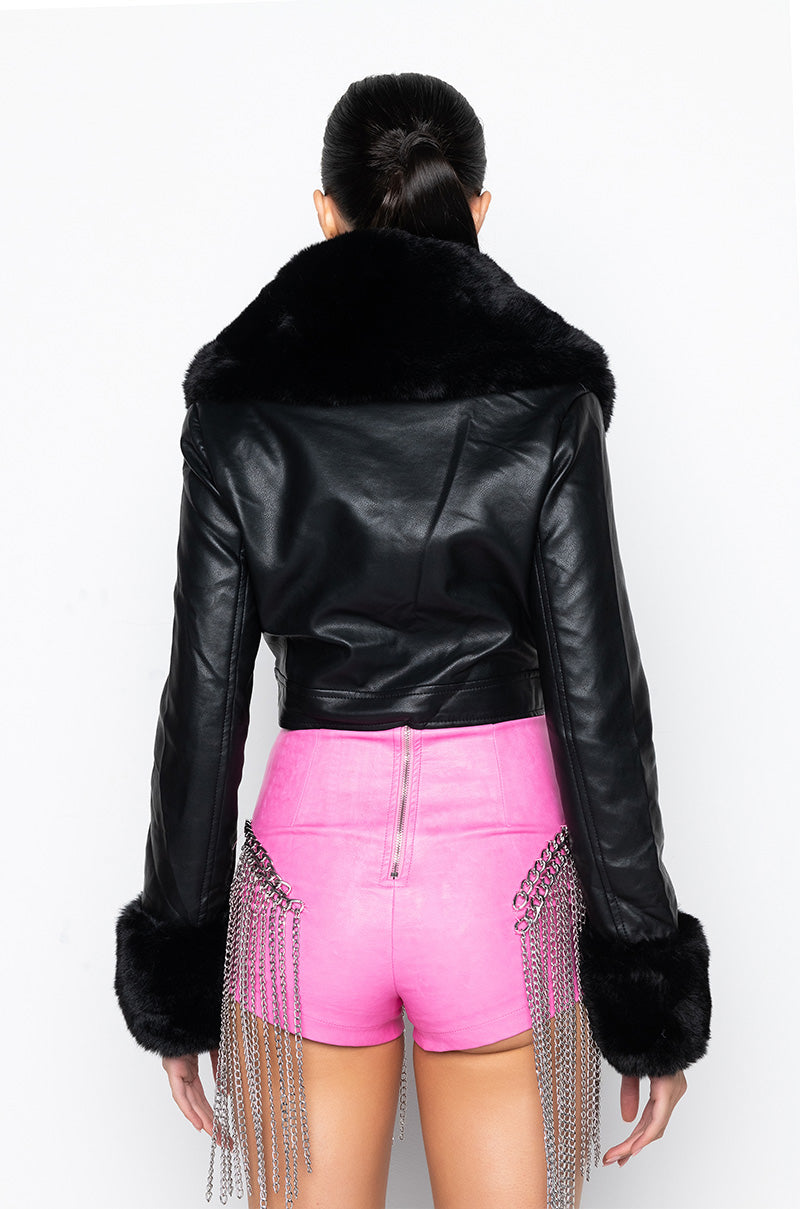 AZALEA WANG FUR TRIM GISELLE CROP JACKET IN BLACK