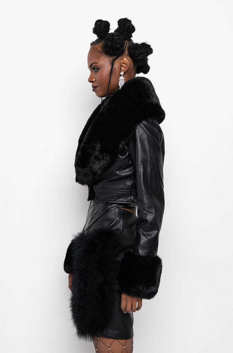 AZALEA WANG FUR TRIM GISELLE CROP JACKET IN BLACK