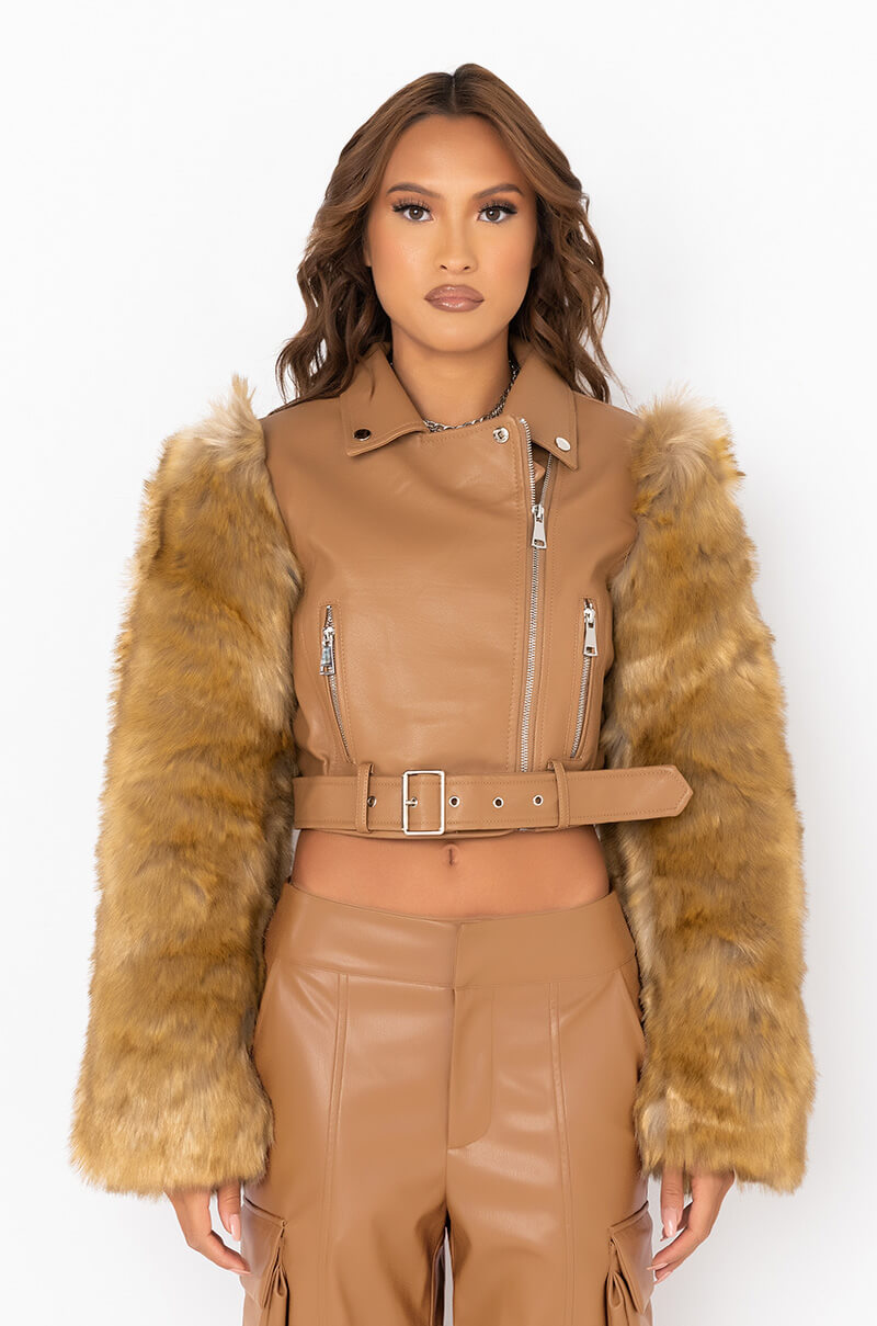 AZALEA WANG NOLLIE FAUX FUR ARMS MOTO JACKET