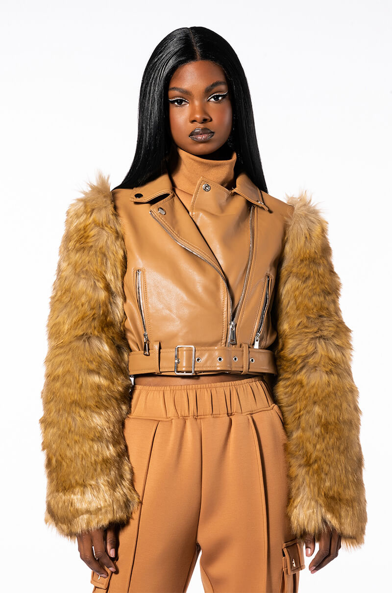 AZALEA WANG NOLLIE FAUX FUR ARMS MOTO JACKET