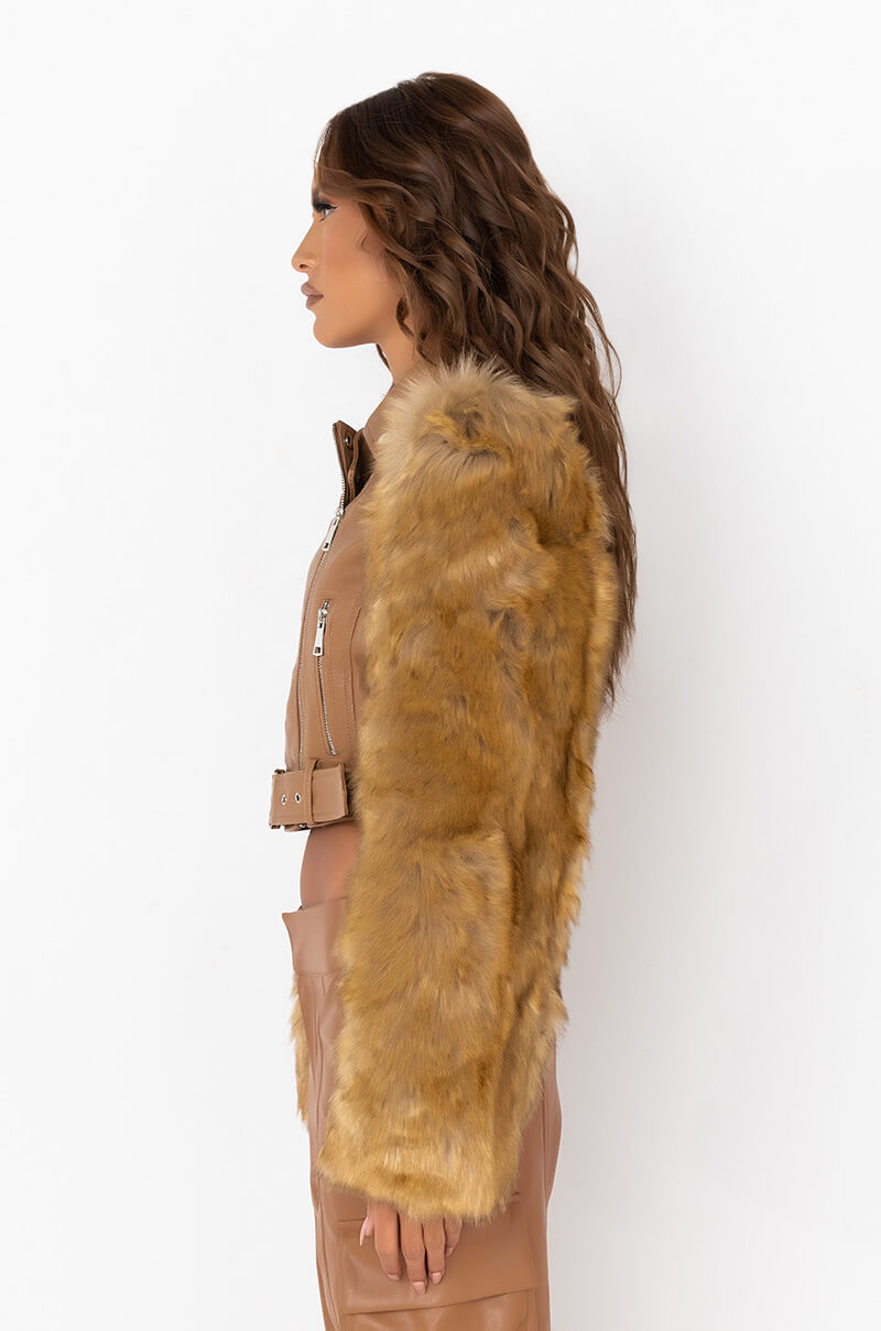 AZALEA WANG NOLLIE FAUX FUR ARMS MOTO JACKET