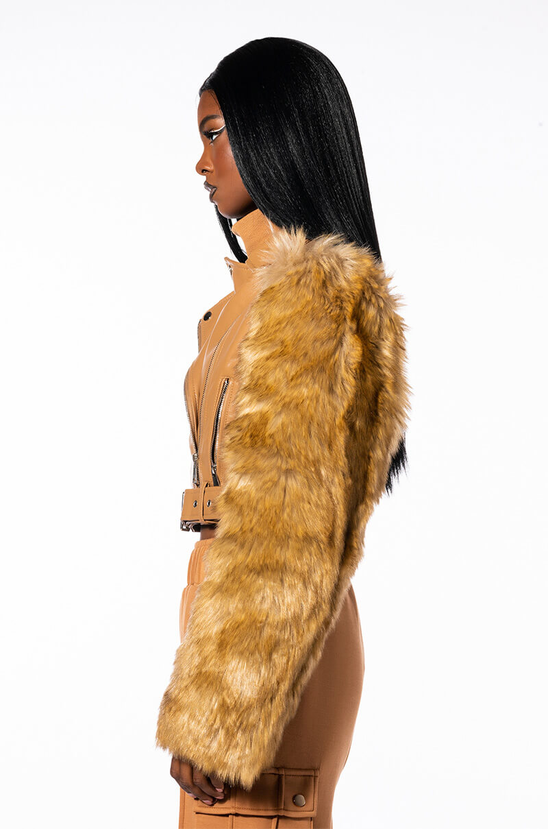AZALEA WANG NOLLIE FAUX FUR ARMS MOTO JACKET
