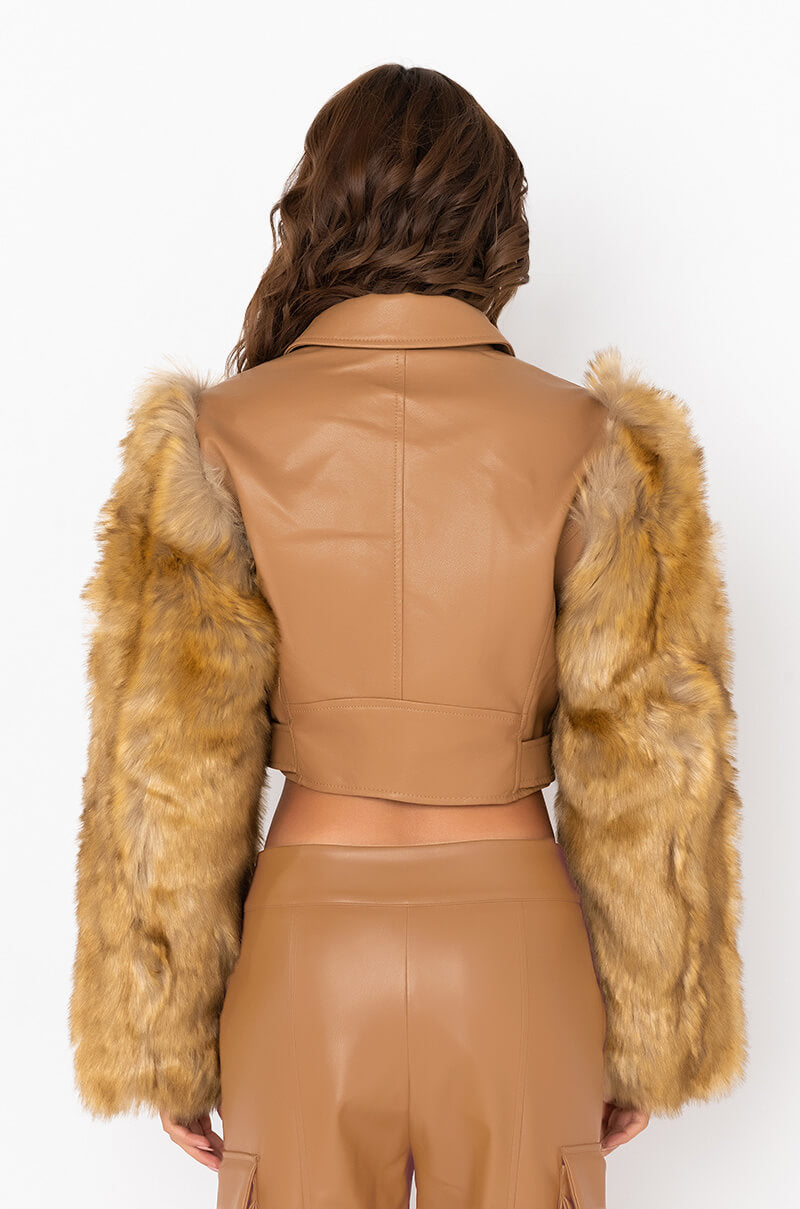 AZALEA WANG NOLLIE FAUX FUR ARMS MOTO JACKET